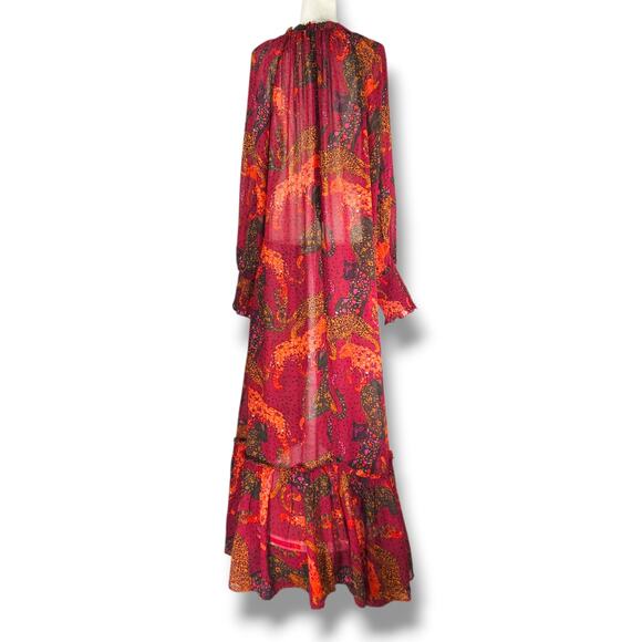 Farm Rio Jungle Jaguar Maxi Dress Ruffle Hem High Neck Sheer Long Sleeve Boho XL - Picture 4 of 10